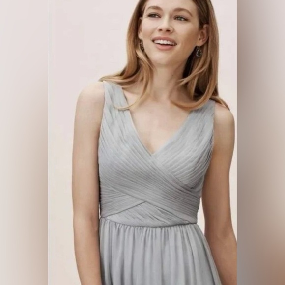 NWT BHLDN Anthro XL Kia Sleeveless Maxi Bridesmaid Dress Fog Chiffon VNeck Ruche - Picture 3 of 15